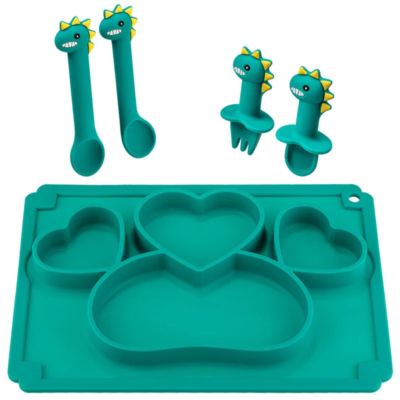 Children's Silicone Tableware Set with Dinosaur Cartoon Design - Includes Plate, Bowl, Spoon, Fork - Food Grade Silicone