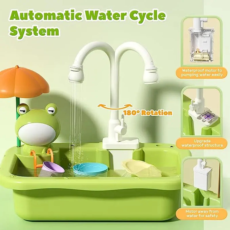 CUTE STONE Play Sink with Running Water, Kitchen Sink Toys with Upgraded Electric Faucet, Play Kitchen Toy Accessories, Pool Floating Fishing Toys for Water Play, Kids Role Play Dishwasher Toy