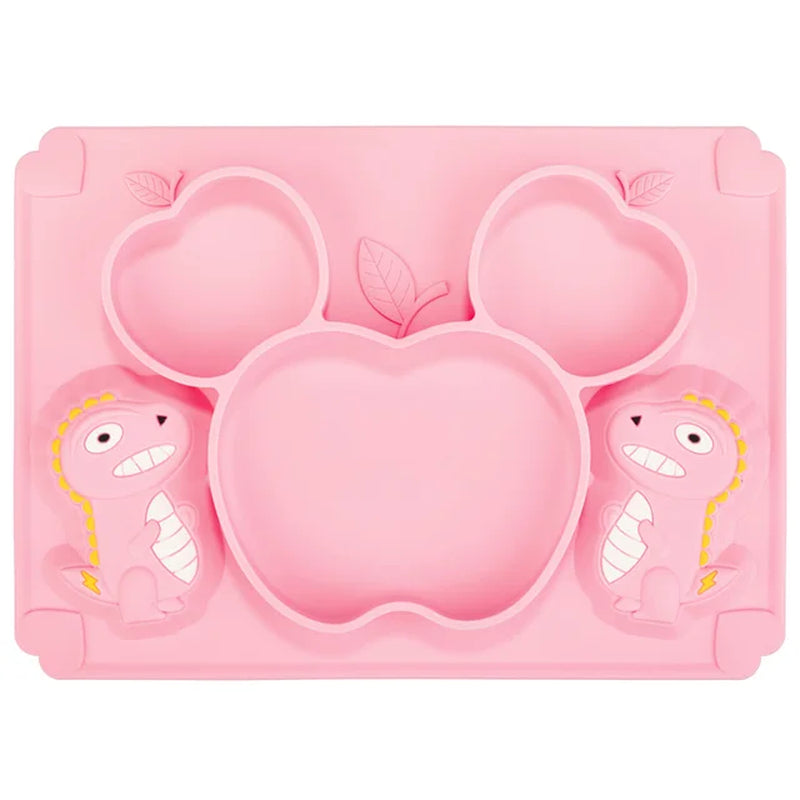 Children's Silicone Tableware Set with Dinosaur Cartoon Design - Includes Plate, Bowl, Spoon, Fork - Food Grade Silicone