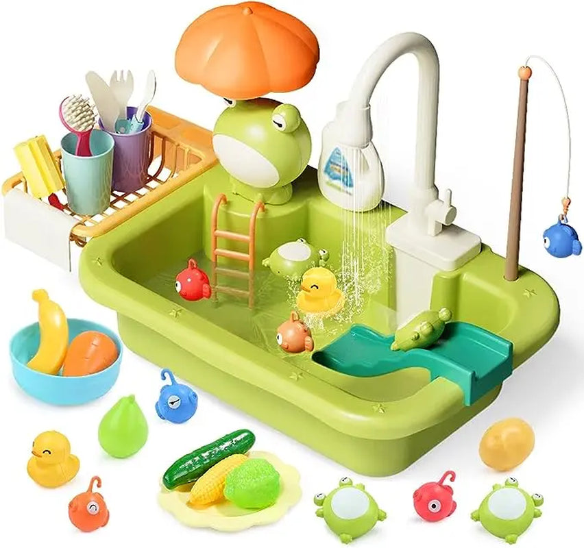 CUTE STONE Play Sink with Running Water, Kitchen Sink Toys with Upgraded Electric Faucet, Play Kitchen Toy Accessories, Pool Floating Fishing Toys for Water Play, Kids Role Play Dishwasher Toy