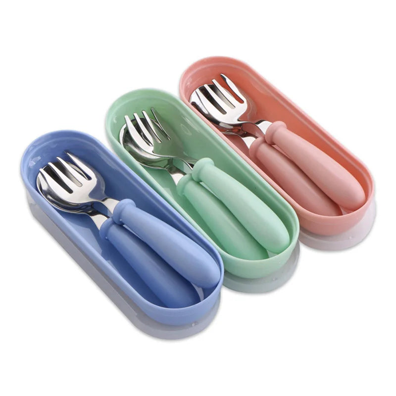 3Pcs Children Spoon Forks Box Kids Stainless Steel Kids Cutlery Portable Baby Feeding Utensils Baby Spoons Baby Tableware Set