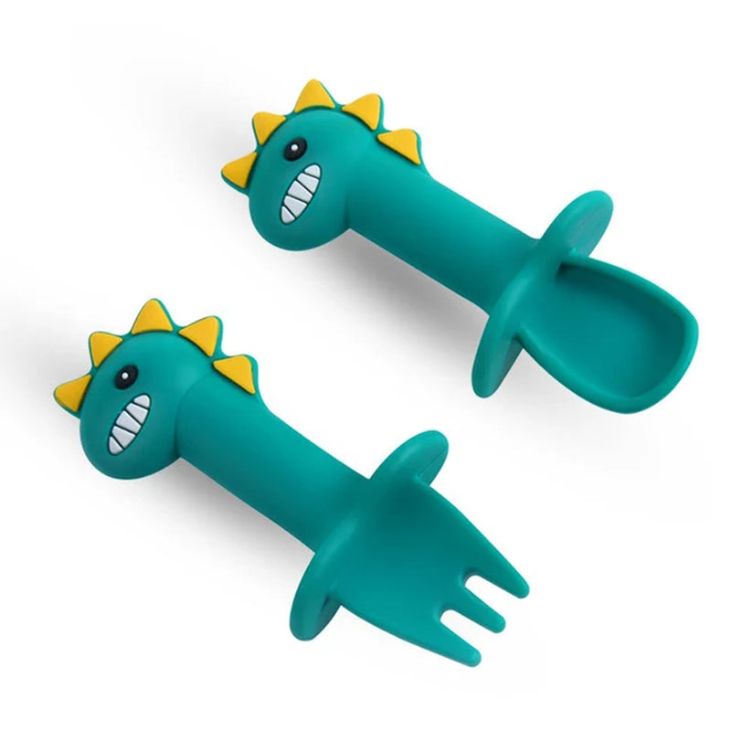 Children's Silicone Tableware Set with Dinosaur Cartoon Design - Includes Plate, Bowl, Spoon, Fork - Food Grade Silicone