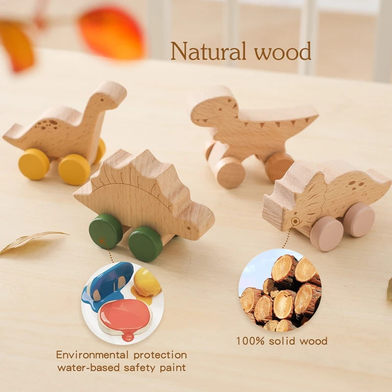 Educational Montessori Baby Toy Set with Beech Wood Blocks and Cartoon Dinosaur Car