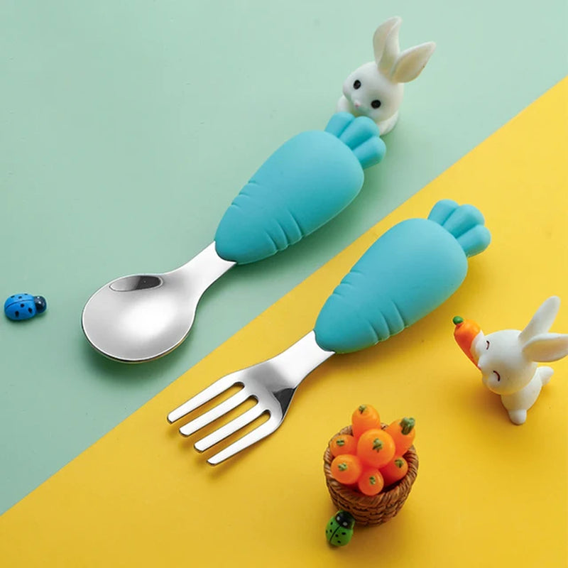 Baby Kids Silicone Tableware Sets Stainless Steel Spoon for Toddler Utensil Dinnerware Cartoon Infant Food Feeding Spoons Forks