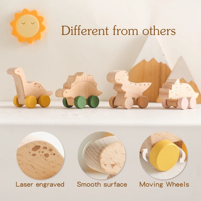 Educational Montessori Baby Toy Set with Beech Wood Blocks and Cartoon Dinosaur Car