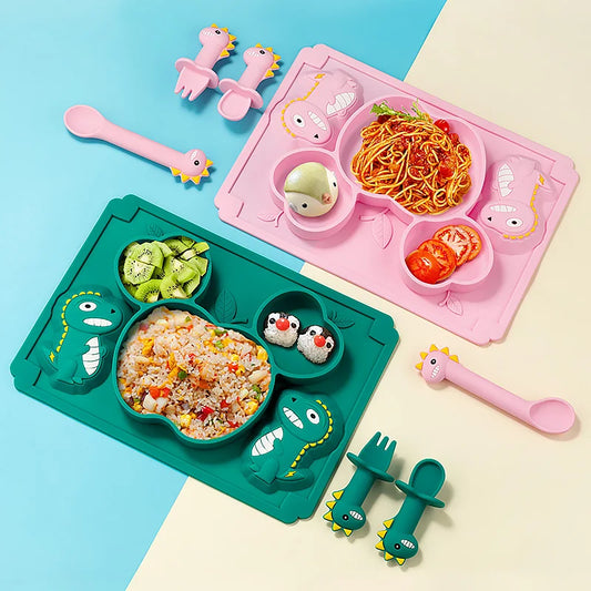 Children's Silicone Tableware Set with Dinosaur Cartoon Design - Includes Plate, Bowl, Spoon, Fork - Food Grade Silicone