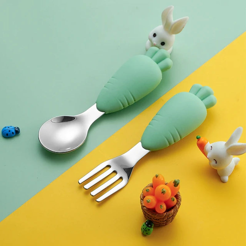 Baby Kids Silicone Tableware Sets Stainless Steel Spoon for Toddler Utensil Dinnerware Cartoon Infant Food Feeding Spoons Forks