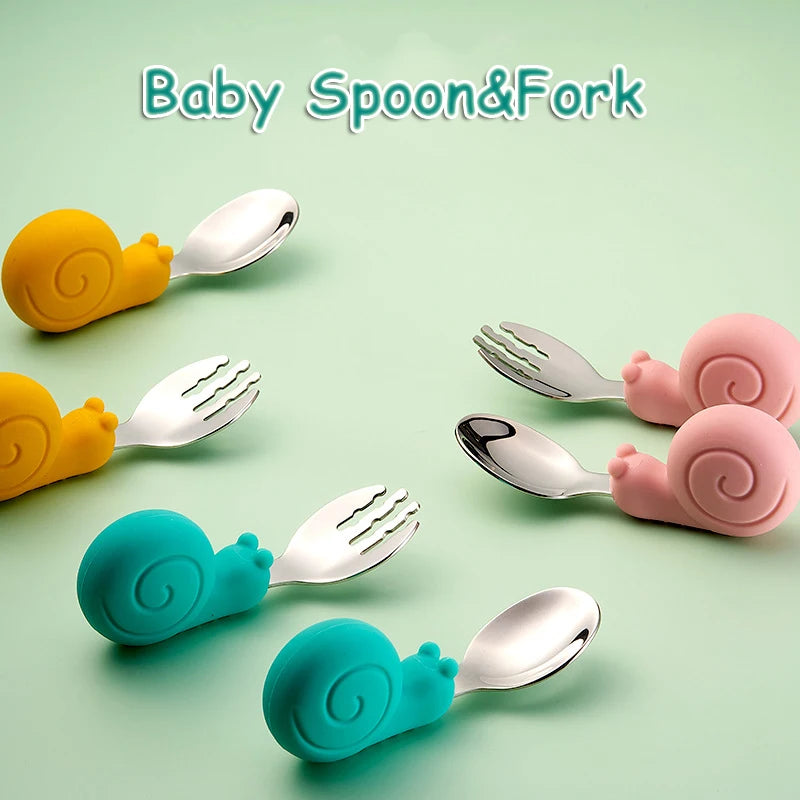 Baby Kids Silicone Tableware Sets Stainless Steel Spoon for Toddler Utensil Dinnerware Cartoon Infant Food Feeding Spoons Forks