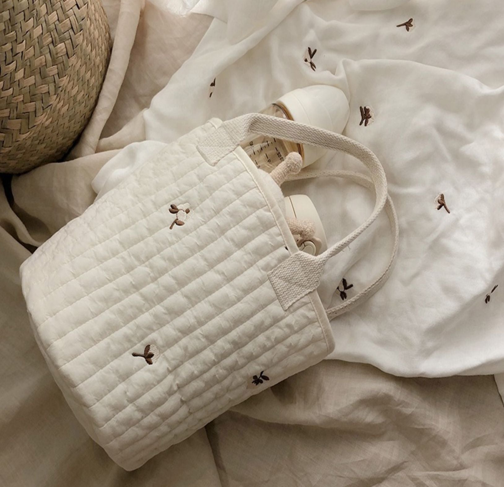 Beige Cotton Embroidered Mommy Bag Baby