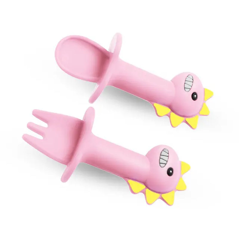 Children's Silicone Tableware Set with Dinosaur Cartoon Design - Includes Plate, Bowl, Spoon, Fork - Food Grade Silicone