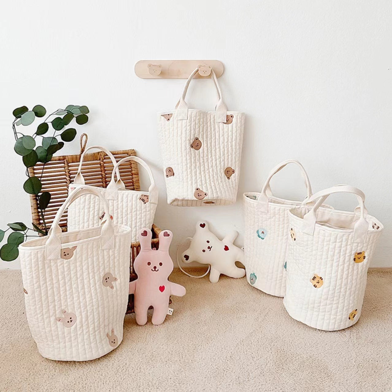 Beige Cotton Embroidered Mommy Bag Baby