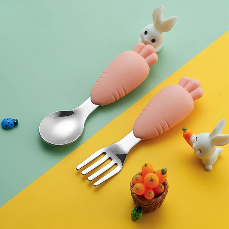 Baby Kids Silicone Tableware Sets Stainless Steel Spoon for Toddler Utensil Dinnerware Cartoon Infant Food Feeding Spoons Forks