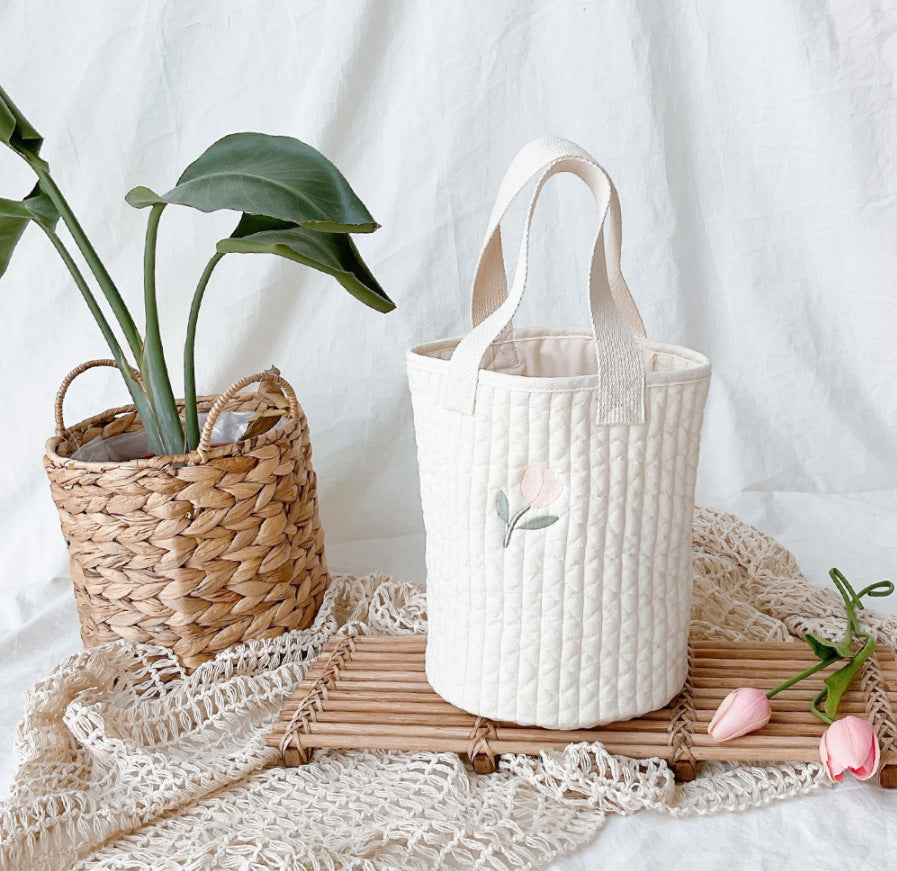 Beige Cotton Embroidered Mommy Bag Baby