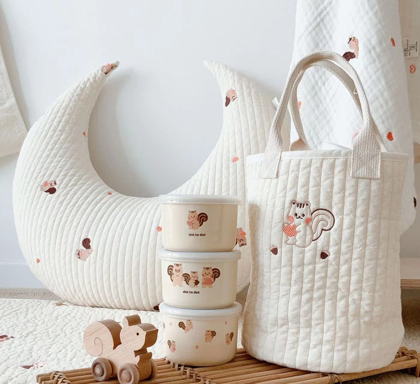 Beige Cotton Embroidered Mommy Bag Baby