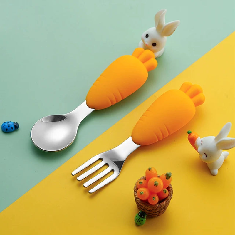 Baby Kids Silicone Tableware Sets Stainless Steel Spoon for Toddler Utensil Dinnerware Cartoon Infant Food Feeding Spoons Forks