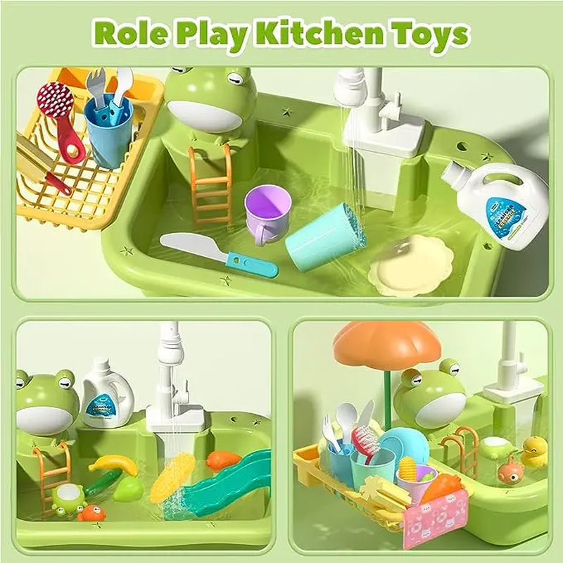 CUTE STONE Play Sink with Running Water, Kitchen Sink Toys with Upgraded Electric Faucet, Play Kitchen Toy Accessories, Pool Floating Fishing Toys for Water Play, Kids Role Play Dishwasher Toy