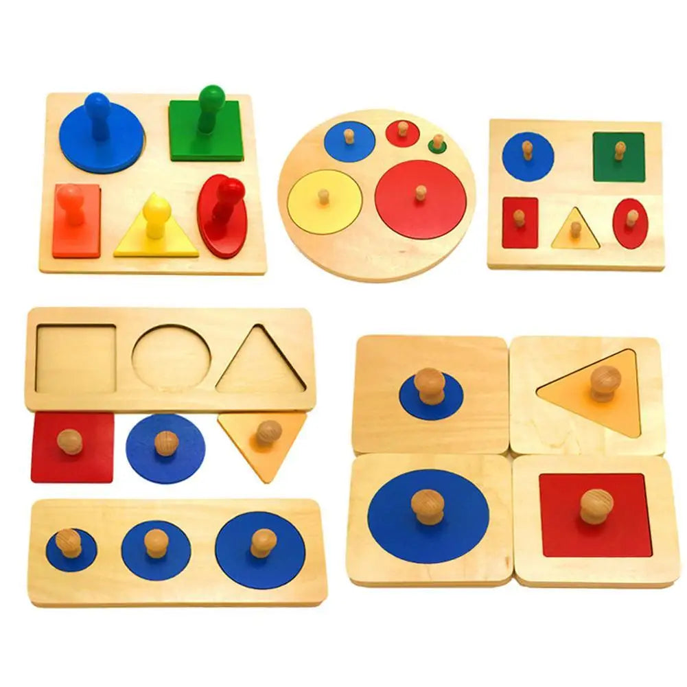 Montessori Wood Knob Puzzle Peg Board Geometric Shape Match Baby Educational Toy