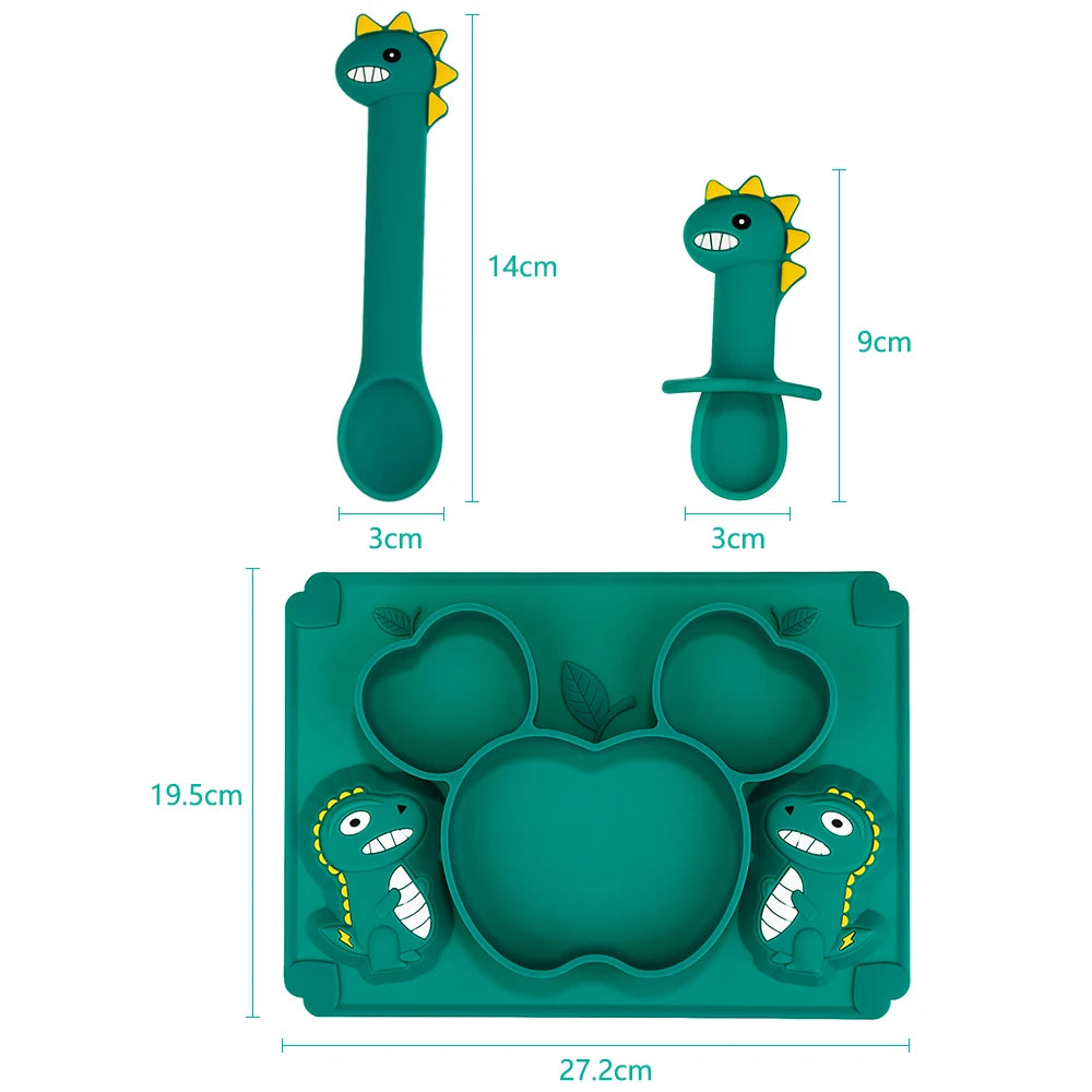 Children's Silicone Tableware Set with Dinosaur Cartoon Design - Includes Plate, Bowl, Spoon, Fork - Food Grade Silicone