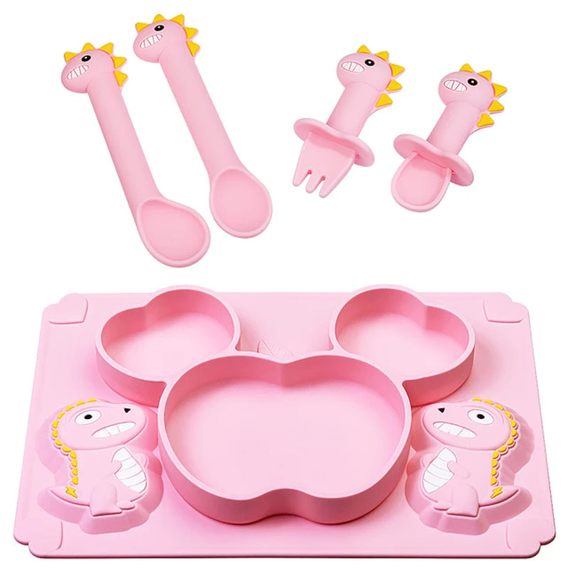 Children's Silicone Tableware Set with Dinosaur Cartoon Design - Includes Plate, Bowl, Spoon, Fork - Food Grade Silicone