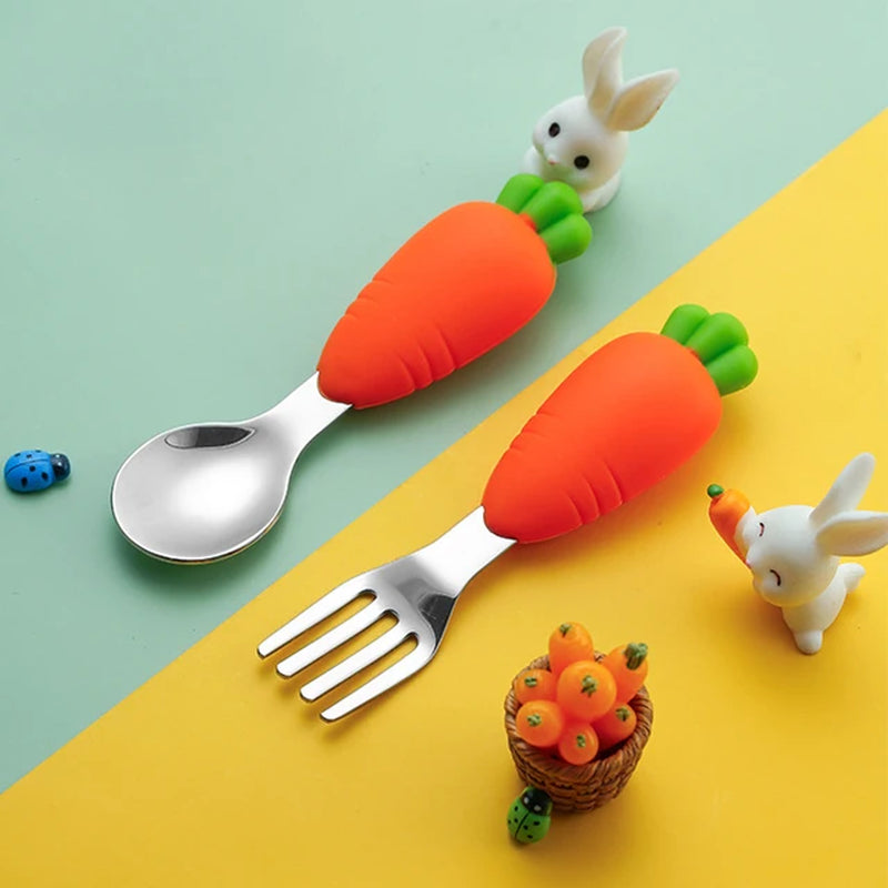 Baby Kids Silicone Tableware Sets Stainless Steel Spoon for Toddler Utensil Dinnerware Cartoon Infant Food Feeding Spoons Forks