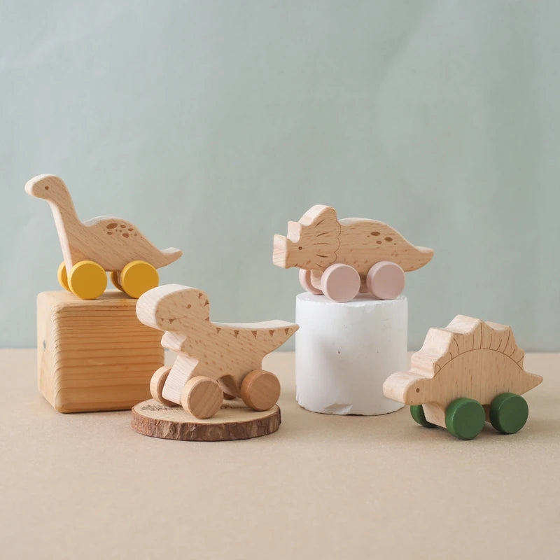 Educational Montessori Baby Toy Set with Beech Wood Blocks and Cartoon Dinosaur Car